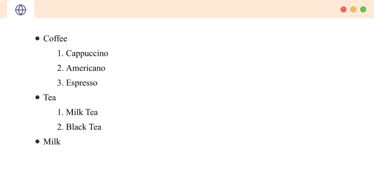 Mixed Nested HTML Unordered List HTML ordered lists nested within an unordered list